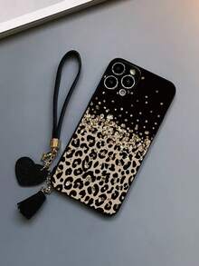 1pc Leopard Print Painted Thick Anti-Drop Phone Case Shell Protective Cover With Accessories, New Leather Heart-Shaped Hand Strap DIY Phone Case Pendant, Leather Rope Tassel Short Wrist Strap Charm Compatible With IPhone, Compatible With Samsung Galaxy / Compatible With Xiaomi 11/12 Pro, Compatible With Redmi - Multicolor - View 3