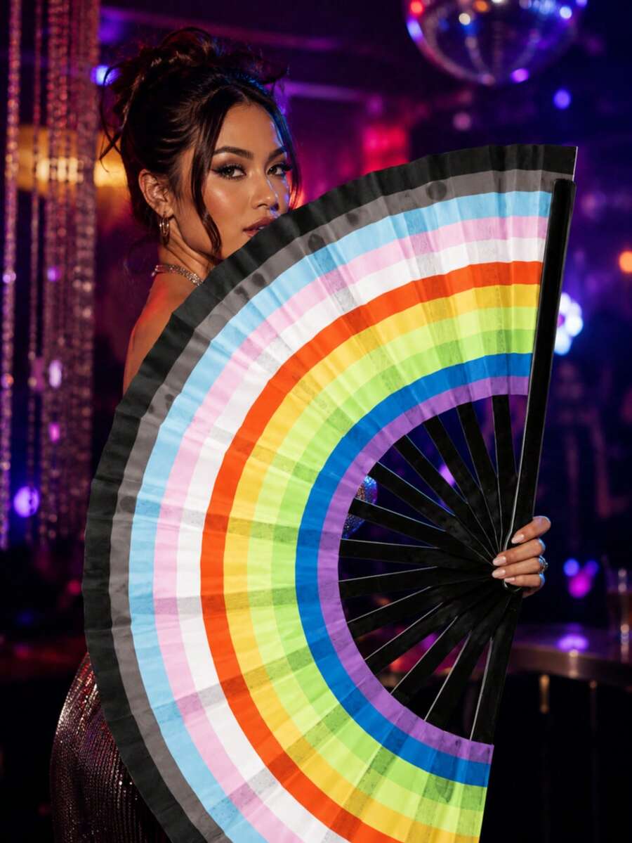 1pc Rainbow Striped Large Folding Fan, Stage Dance Prop, Beach Vacation Party Photo Decoration Handheld Fan - Multicolor - View 1