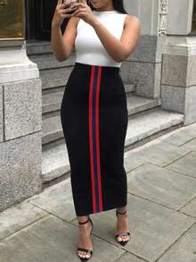 Plus Size Women's Bodycon Pencil Skirt, Elastic Contrast Color Decor Slim Fit, Commuter Office Wear, Slimming Skirt, Spring Autumn Summer Daily Black - Black - View 3