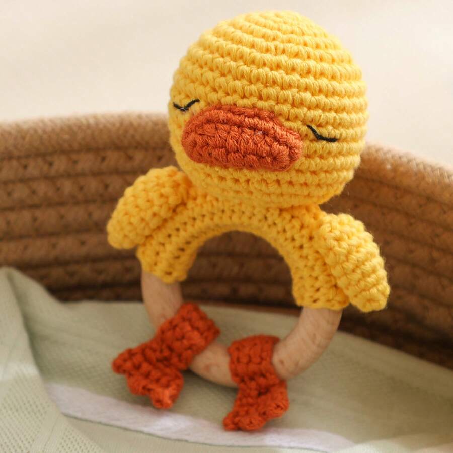 Handmade Woven Yellow Duck Rattle, Baby Hand Rattle, Grasping Toy, Built-In Bell, 3D Cute Design, Rich Details, Attracts Baby's Attention, Exercises Baby's Hearing, Perfect Birthday Memorial Gift, Halloween Gift, Christmas Gift For Baby - Multicolor - View 1