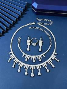 5pcs Set, High-End Luxury Elegant Rhinestone Sparkling Bridal Wedding Dress Full Rhinestone Jewelry Set Necklace, Women's Fashion Party, Holiday Accessory Set. Wedding Photography - Silver - View 5