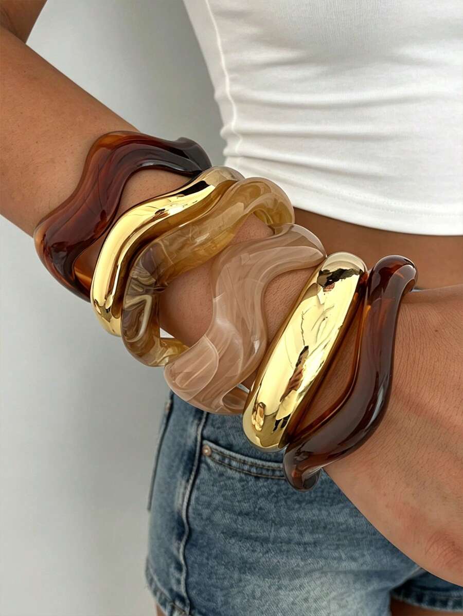 6/3/1pc Vintage Minimalist Women's Wave-Shaped Acrylic And Resin Open Ring Bangle Set, Suitable For Daily Wear, Stackable, Perfect Holiday Gift Choice - Multicolor - View 1