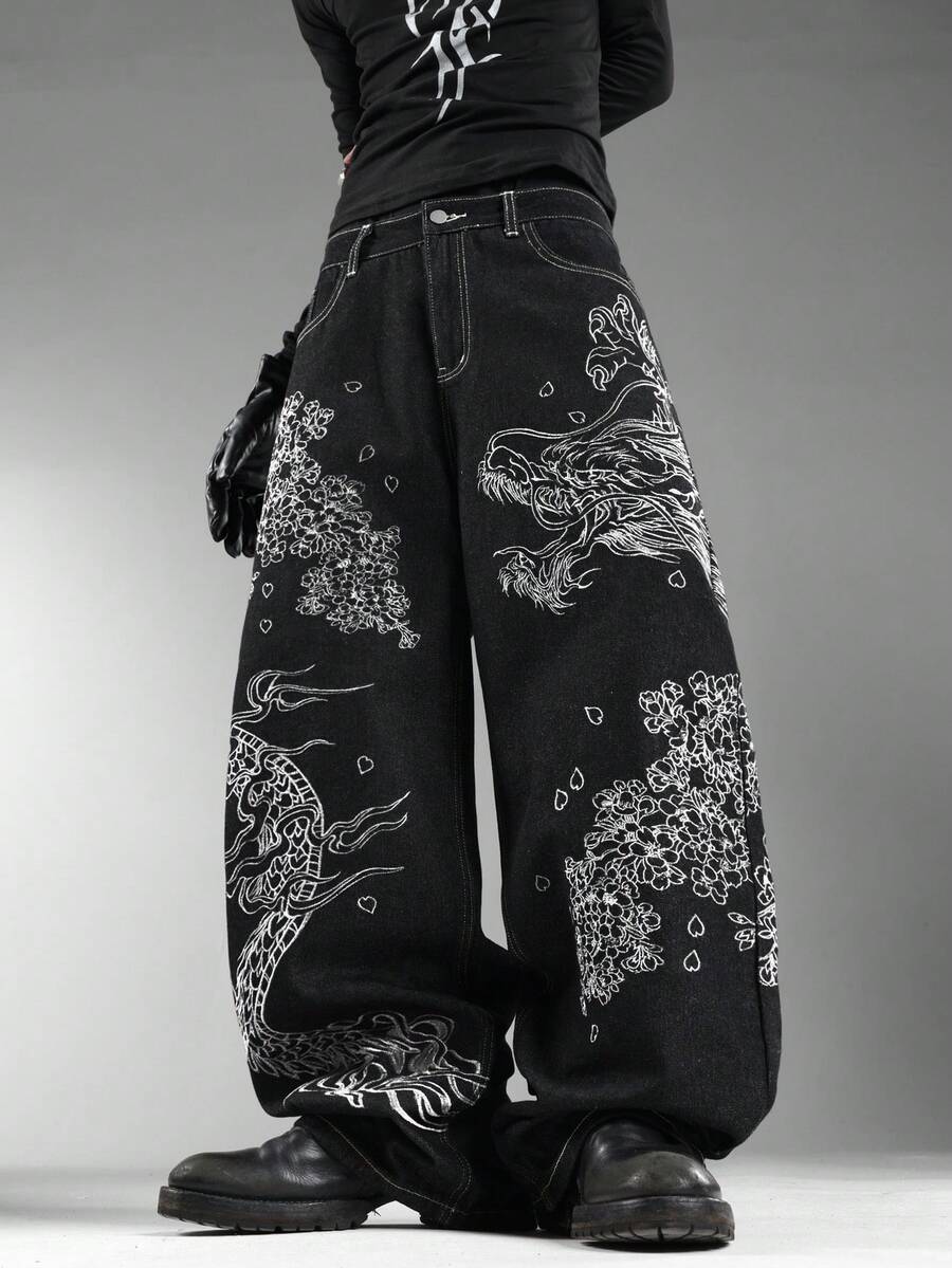 男士黑色牛仔褲,前後龍圖騰刺繡,復古香港街頭風,四季百搭寬腿褲(不含腰帶與配件) - 黑色 - 查看 1