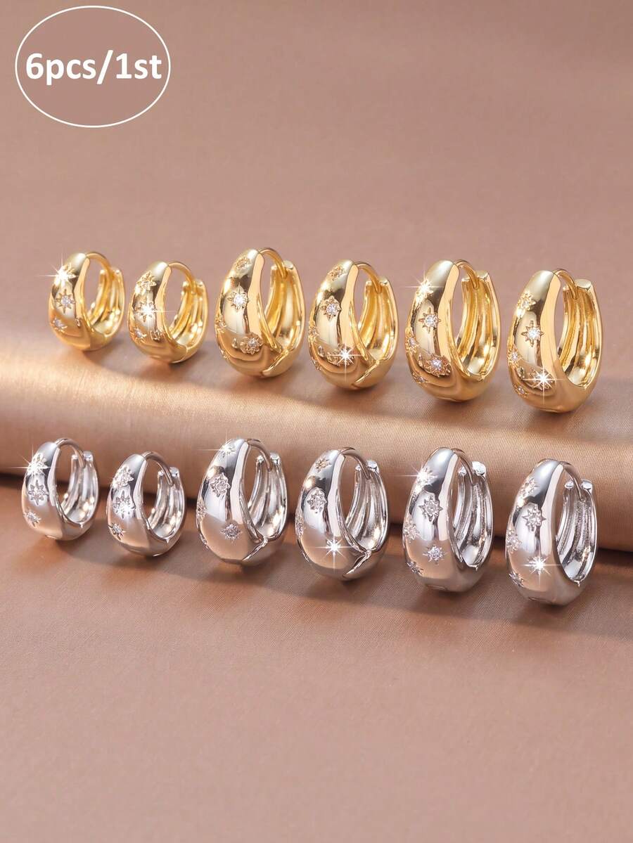 3 Pairs/Set Minimalist Luxury Alloy Gold-Plated Silver-Plated Eight-Pointed Star Zirconia-Inlaid Oval Ear Clips Earrings For Women Daily Commute Date Party - Multicolor - View 1