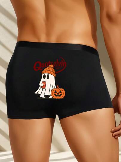 1Pc Black Halloween Novelty Boxer Briefs Cozy Ghost Pumpkin Brand Print, Matching Halloween Costume, Funny Prank Surprise Gift For Boyfriend