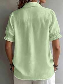 Plus Size Women's Fashion Green Button Short Sleeve Shirt, Vintage Style, Ruffle Short Sleeve Summer - Mint Green - View 4