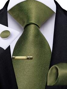 Full Plain Solid Army Green Necktie Pocket Square Cufflinks Tie Clip Complete Styling Pack For Country Fair Formal Hour - Army Green - View 1