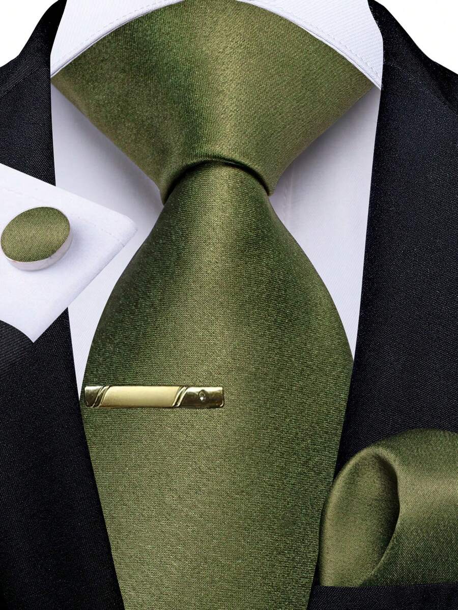 Full Plain Solid Army Green Necktie Pocket Square Cufflinks Tie Clip Complete Styling Pack For Country Fair Formal Hour - Army Green - View 1