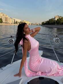 Solid Color Elegant Satin Backless Women's Cocktail Dress For Party, Wedding, Holiday, Date Pink - Pink - View 4