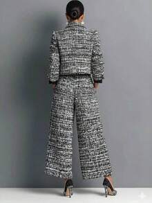 Women's Cropped Tweed Blazer & High Waist Wide Leg Pants Two Piece Matching Set, Formal Office Co Ord Outfit For Work Business Occasions - Black - View 2