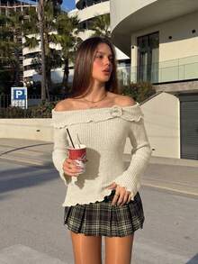 Áo len dệt kim ôm sát nữ Elva phong cách Pháp nhẹ nhàng mùa thu, họa tiết hoa, cổ ngang, vai bèo, tay chuông gân, phù hợp hẹn hò, mua sắm, đi làm, mặc hàng ngày, đi học, dạo phố, Giáng Sinh - Màu be - Xem 9