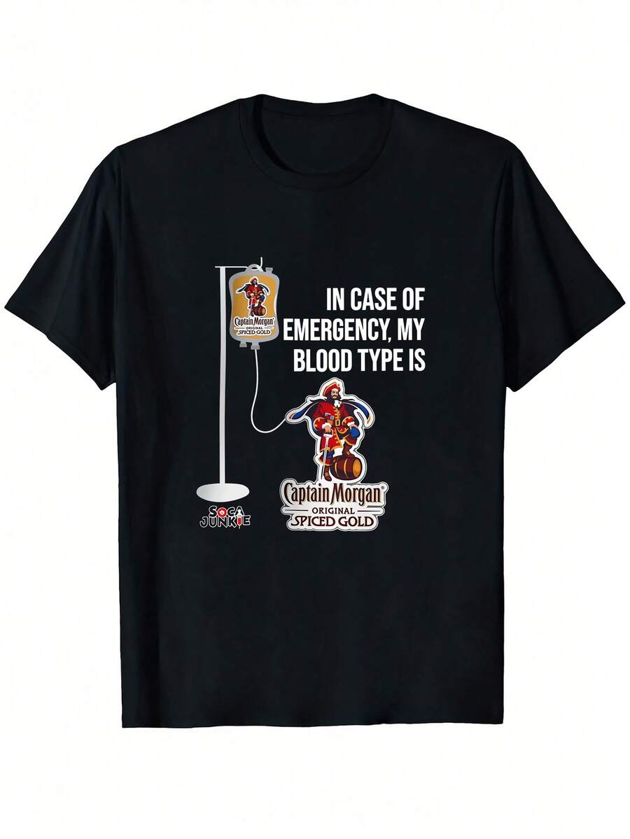 MORGAN Spice Rum IV Blood Type Graphic T-Shirt - "In Case Of Emergency" Humorous Design, Black Unisex Casual T-Shirt For Rum Lovers, Soft And - Black - View 1