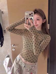 Sexy Hot Girl Style Coffee Polka Dot Mesh Long Sleeve T-Shirt Women Summer Slim Fit Flattering Design Layering Sheer Minimalist Top Vacation - Brown - View 7