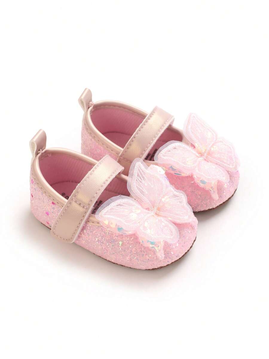 Pink Glitter Mesh Bow Infant Princess Mary Jane Shoes, Single Strap Hook & Loop, Non-Slip Soft Sole, Girl Toddler First Walker Shoes - Pink - View 1