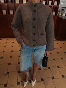 Women's Vintage Brown Knit Cardigan, Stand Collar Front Button Design, Long Sleeve Regular Fit, Suitable For Autumn/Winter - Chocolate Brown - View 2