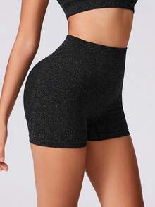 Women's Fashion Silver Thread Embellished Butt-Lifting Sports Shorts With Subtle Glitter, Pilates Black - Black - View 3
