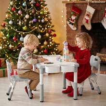 Kinder King Kids Table And Chairs Set, Height Adjustable Children Activity Table W/Storage, Graffiti & Building Blocks Tabletop, Toddler Furniture Set For Classroom, Daycare, Home, Age 3+ - Light Grey - View 9