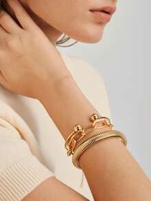 Vandermere 3PCS Golden Bangles For Women Chunky Stretch Multi Layer Stacked Metal Chain Bangles Bracelets Flexible Wide Wristband Cuff Bracelets Set - Yellow Gold - View 4
