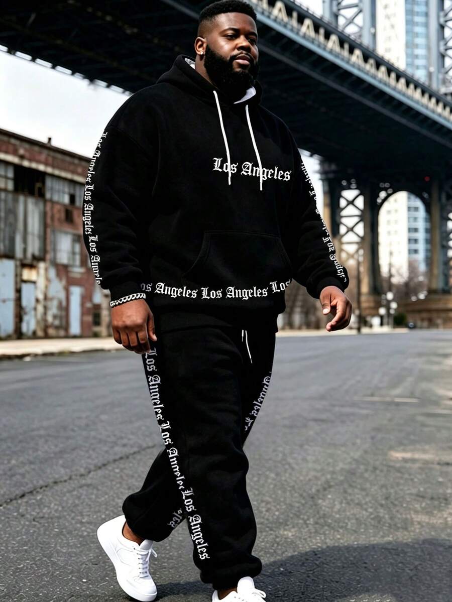 Conjunto de sudadera con capucha y pantalones deportivos de talla grande con estampado de fuente gótica Los Ángeles, conjunto deportivo de 2 piezas con estilo callejero, con bolsillos con cordón, negro, para primavera - Negro - Ver 1