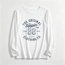 2026 New Arrival, Pure CottonCrew Neck Long Sleeve T-Shirt The Original Superior Clothing Co Print Y2K, Korean Style, Spring Autumn Essential Basic - White - View 2