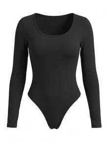 imisic Sexy Long Sleeve Round Neck Hollow Back Design Women's Bodysuit. Essential For Going Out, A Body-Shaping Style. Tight-Fitting Round Neck Long Sleeve Bodysuit, Suitable For Sports, Home And Daily Activities - Black - View 9