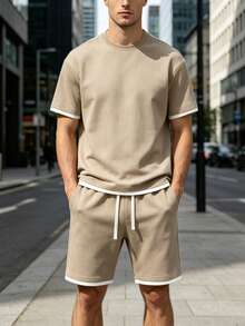 Men's Summer Contrast Color Round Neck Drop Shoulder Loose Casual T-Shirt And Drawstring Waist Shorts Set - Apricot - View 5