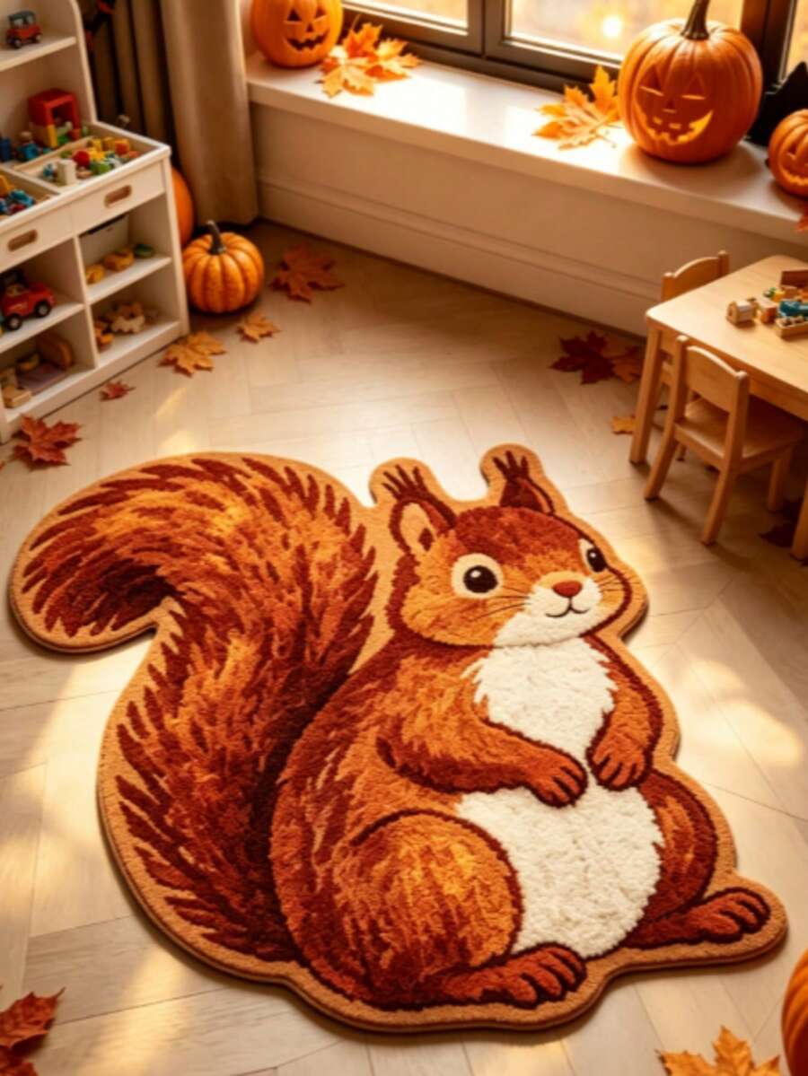 1pc Brown Cute Squirrel Area Rug, Autumn/Winter Floor Mat, Home Decor, Outdoor Mat, Bedroom Carpet, Washable - Multicolor - View 1