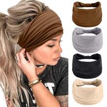 Set Of 4 Elegant Bohemian-Style Wide Headbands – Solid Color Stretchy Winter Headbands – Non-Slip Sports Headbands - Multicolor - View 8