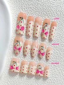 10pcs Korean Sweet Style Handmade Press-On Nails, Polygel Nail Art Set, Cherry Pattern, Pink & White Color, Sweet Girl Style, Includes Nail Tools, 3 Sizes Available, Almond Shape, Duck Shape, Coffin Shape, Suitable For Party, Dancing, Daily Wear - Multicolor - View 1