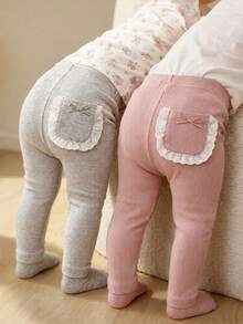 2 Pcs/Set Legging Rajut Anak Perempuan, Celana Panjang Elastis Slim Fit dengan Hiasan Renda dan Saku, Pita, dan Detail Pita - MultiWarna - View 3