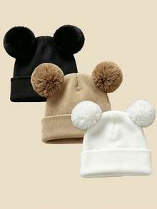 3pcs/Set Baby & Toddler Knitted Double Pom Earflap Hats, Thin Warm, Solid Color Versatile, Suitable For Spring, Autumn, Winter - Multicolor - View 4