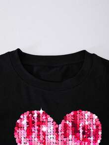 Tween Girls Heart Print Round Neck T-Shirt And Contrast Stripe Bow Decor Long Pants - Black - View 3