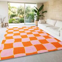 1 pieza Alfombra de área a cuadros rosa y naranja, alfombra de sala de estar, alfombra de área, alfombra de área pequeña, tapete, decoración del hogar, alfombra de sala de estar grande, alfombra redonda, decoración del hogar de sala de estar, decoración de habitación, alfombra lavable - Multicolor - Ver 7