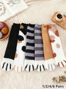 6 Pairs Mixed Color Fluffy Mid-Calf Socks, Suitable For Daily Home/Office Wear, Tiger Claw Non-Slip Floor Socks, Comfortable And Warm. 1/3/4/6 Pairs - Set a - View 13
