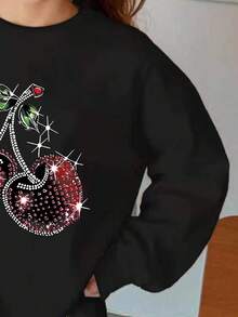 Girls Casual Loose Cherry Print Sweatshirt Set, Suitable For Autumn/Winter Girls Sweatshirt Set, Winter Young Girls Set - Black - View 4