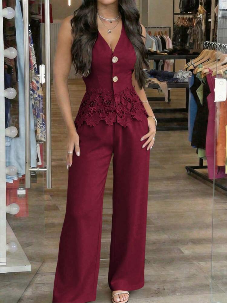 LUNNELUX Women's 2 Pieces Fall Set Top, French Elegant Vacation Back To School Casual Outfit Brown Summer - Burgundy - View 3