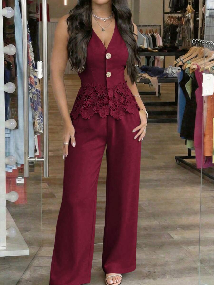 LUNNELUX Women's 2 Pieces Fall Set Top, French Elegant Vacation Back To School Casual Outfit Brown Summer - Burgundy - View 1