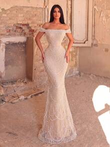 Women's Elegant Long Mermaid Evening Dress, Off-Shoulder Neckline, Embellished With Sequins And Pearls, Suitable For Formal Occasions - Champagne - View 1