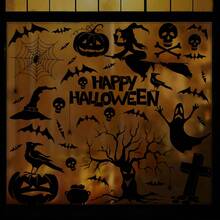 9pcs Happy Halloween Static Window Stickers, Black Eerie Witch, Ghost, Pumpkin, Bat, Skeleton, Spider Web, Tree, Tombstone Window Decals, Removable Glass Decoration Stickers, Suitable For Home Indoor Halloween Party Decor - Multicolor - View 6