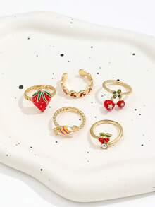 5PCS Vintage Gold-Tone Faux Enamel Strawberry Rings, Cute Fruit Element Cherry Strawberry Rhinestone Drip Glaze Ring Set For Women - Gold - View 4