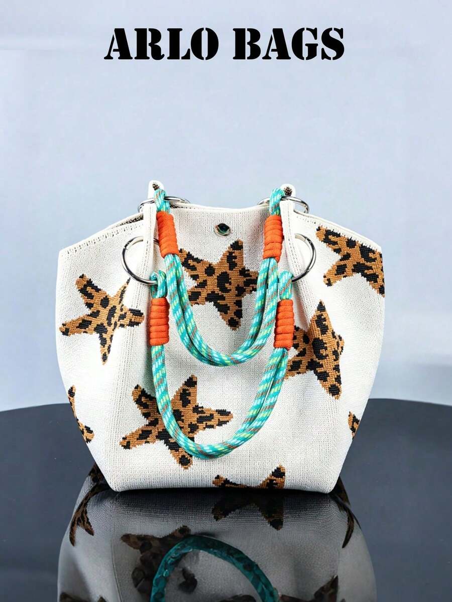 Starfish Canvas Tote Bag, Elegant Bucket Bag Style, Multi-Functional Canvas Bag, Unique Woven Handle, Suitable For Daily Use, Street Style And Social Gatherings With Friends, Perfect For Girls, Women, Students And Office Workers. - White - View 1