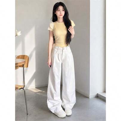 ワイドパンツ デニム レディース ハイウエスト タック バギーパンツ ジーンズ ゆったり 体型カバー デニムパンツ ロング丈 ジーパン カジュアル ストレート 落ち感 柔らかい 脚長効果 通学 通勤 春 夏