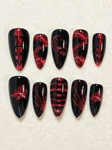 Show Your Beauty 24pcs Almond Shape Halloween Y2K Design Horror Skull Hand Bone Flower Butterfly Gradient Burgundy Striped French Glossy Shiny Skin-Brightening Fake Nails Gothic Style Press-On Nails Suitable For Dates Parties Spring Summer Women And Girls Autumn Winter Daily Wear Removable Press-On Nail Set Includes Jelly Glue And Nail File Easy To Wear And Durable Jelly Glue Randomly Shipped - Burgundy - View 4