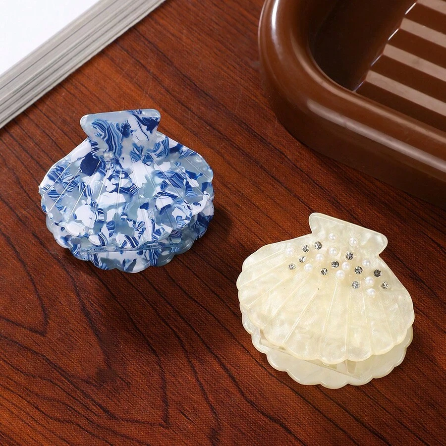 1件藍白瓷紋貝殼抓夾,醋酸纖維材質大號髮夾,奢華鑲鑽,百搭通勤風,甜美氛圍髮飾 - 彩色 - 查看 1