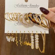 20pcs Butterfly Snake Pendant Pearl Metal Hoop Earrings Set - Gold - View 1