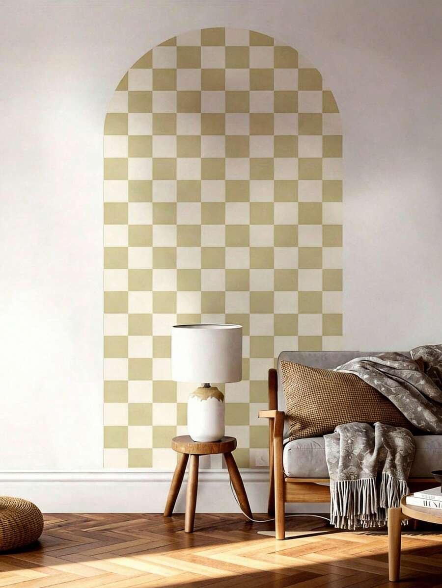 1pc Bohemian Style Arch Green Plaid Pattern PVC Wall Sticker | Self-Adhesive Mural Wallpaper, Suitable For Living Room, Bedroom, Home Decor, Semi-Matte Finish, Multi-Surface Application, Room Decor Sticker, Wall Decal - Multicolor - View 1