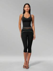 MFVIM Conjunto deportivo de top de tirantes a rayas con bloques de color y leggings cortos ajustados, adecuado para trote diario al aire libre, ciclismo y yoga - Negro premium - Ver 6