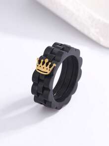 1pc Fashion Minimalist Multi-Color Crown Stainless Steel Ring, Durable & Fade-Resistant, Suitable For Daily Wear, Hot-Selling Jewelry, Luxury Style, Versatile Design - Black - View 6