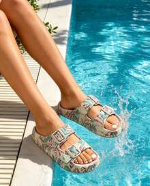 Adjustable Double-Strip Transfer Pattern Ladies' Flat Sandals, Soft And Non-Slip EVA Slippers, Suitable For Home Wear, Dates,Outdoor Beach Outings. - 卡其色 - 查看 3