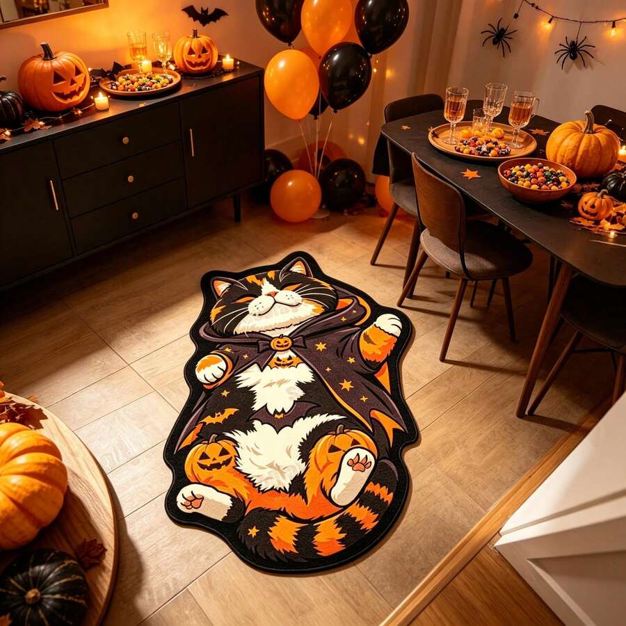 1pc Magic Cloak Calico Fat Cat Shaped Floor Mat, Full Cat Silhouette, Lazy Lying Pose With Healing Vibe, Black White Orange Calico Cat With Black Gold Magic Cloak - Multicolor - View 1